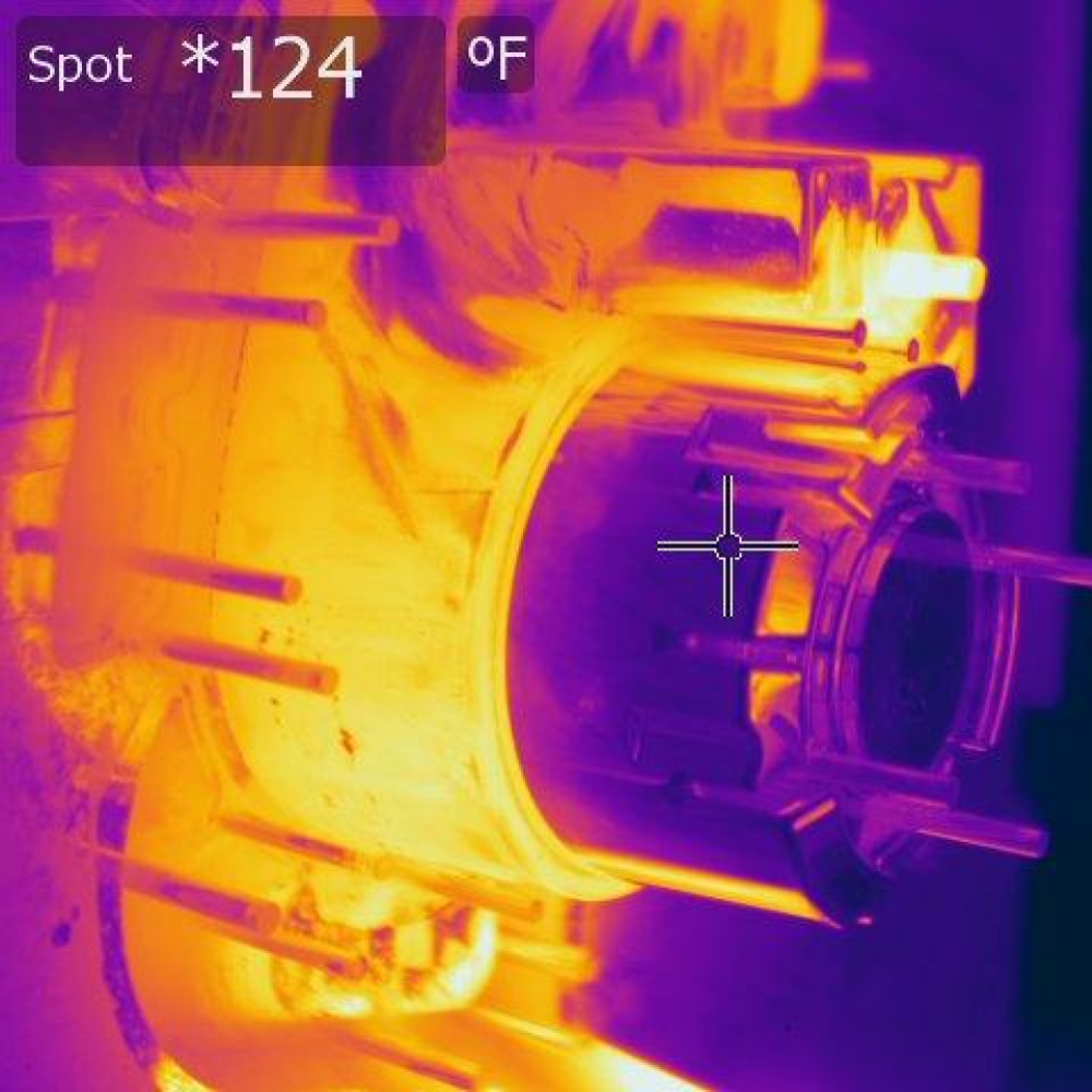 Thermal picture of tooling insert cooling during cycle of high pressure aluminum die casting cycle.